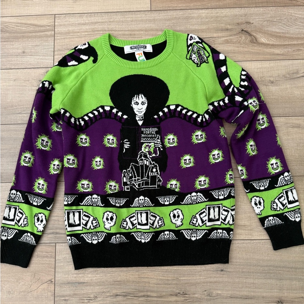 FUN Green & Purple Beetlejuice Lydia Deetz Ugly Halloween Sweater